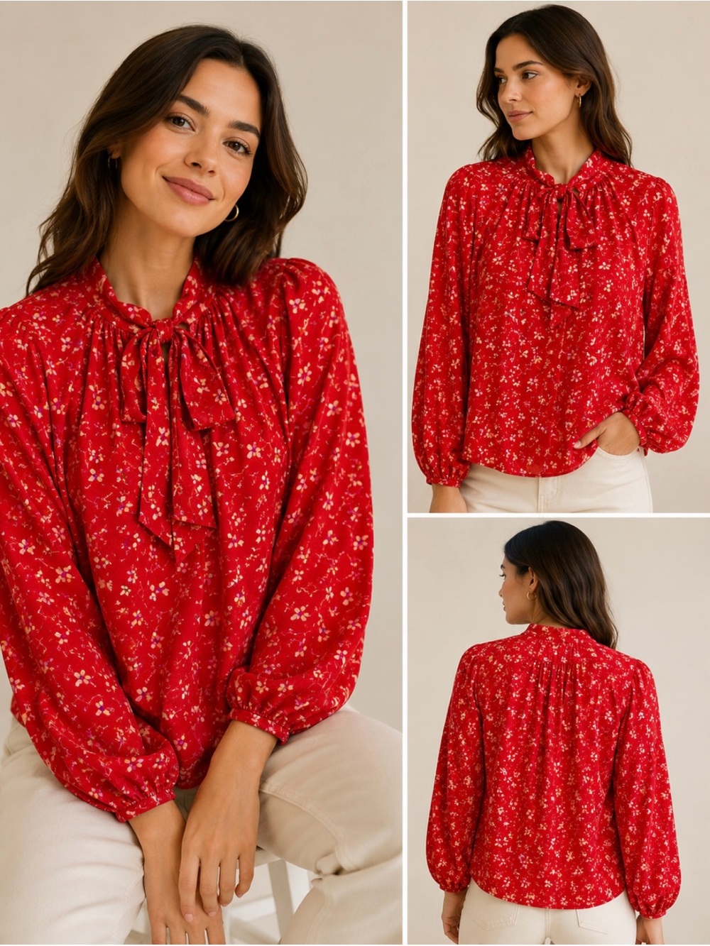Kaari Blue Red Floral Tie-Neck Blouse